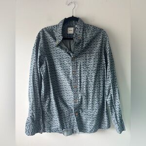 ROWM Men’s Blue Button Up Long Sleeve Collared Shirt Geo Print Size Large‎